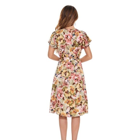 Women's Casual Dresses Short Sleeve V-Neck Short Party Dress Floral Flare Midi M - Picture 4 of 10